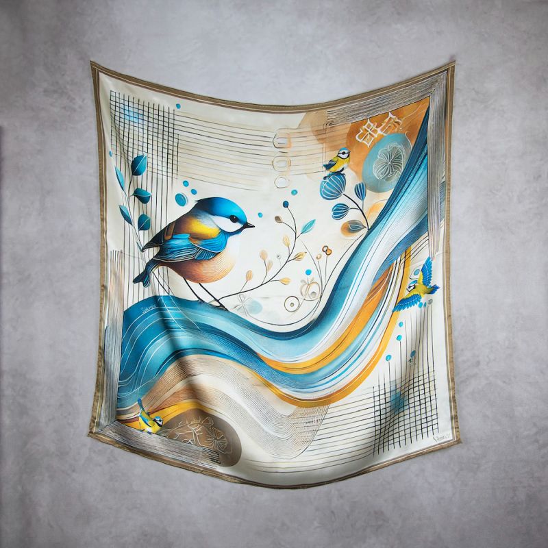 Módna hodvábna šatka SÝKORKA - KRÉMOVÁ, 90 x 90cm