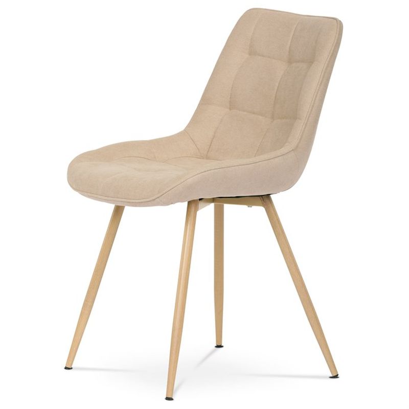 Jedálenská stolička, poťah krémová látka, kovové nohy, 3D dekor dub