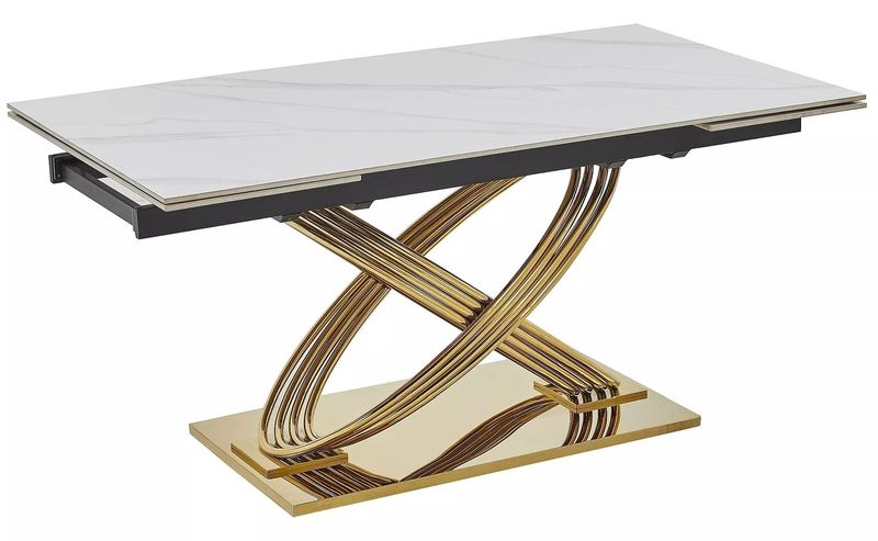 Nadčasový jedálenský stôl rozkladací, zlatá-biela keramika efekt mramoru