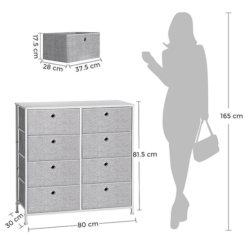 Komoda s ôsmimi látkovými zásuvkami v bielom-sivom prevedení