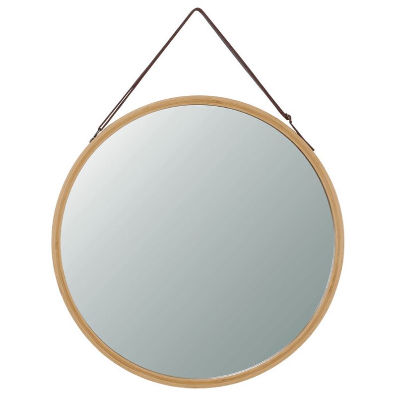 Okrúhle bambusové nástenné zrkadlo 45 cm s koženým závesom