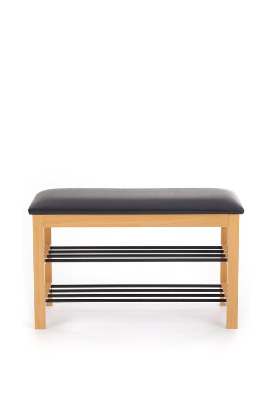 Botník s lavicou natural-čierny – masívne drevo, oceľové police