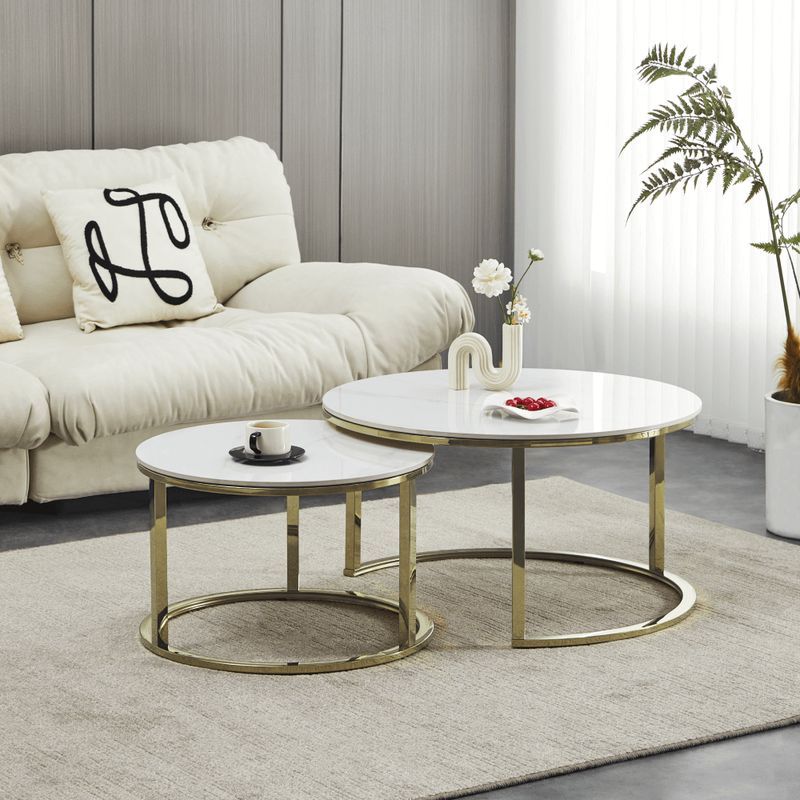 Originálne konferenčné stolíky, set 2 ks, svetlý mramor-gold chróm zlatý