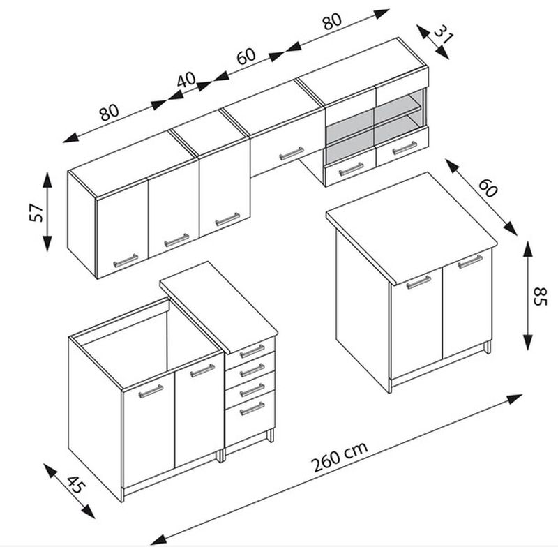Kuchynská linka 260cm, akácia cynamon