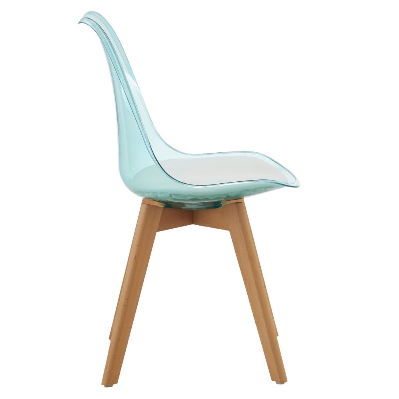 Plastová jedálenská stolička transparentná zelená, biela ekokoža, buk