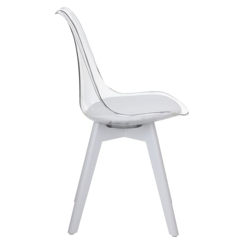 Plastová jedálenská stolička transparentná, biela ekokoža, biele nohy