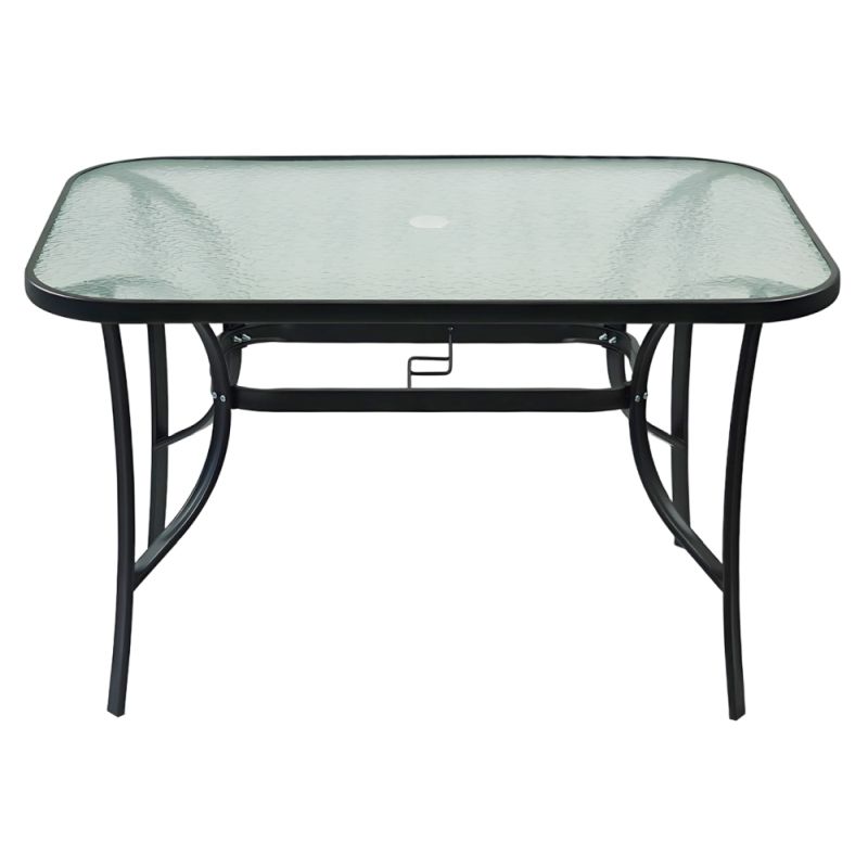 Záhradný jedálenský stôl, tvrdené sklo, oceľ
