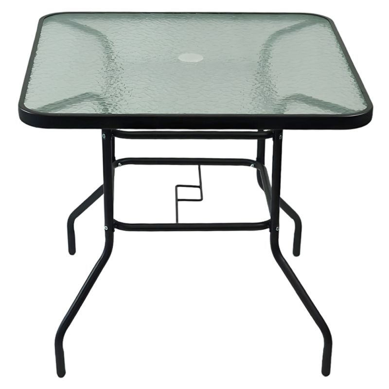 Záhradný jedálenský stôl, 80×80cm, tvrdené sklo, oceľ