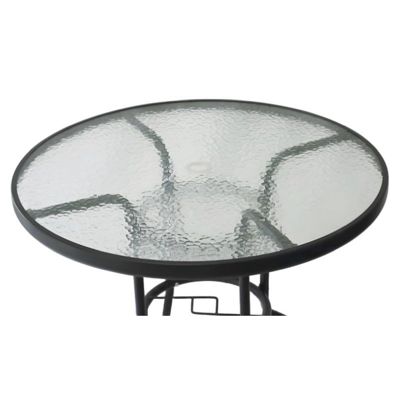 Záhradný jedálenský stôl, okrúhly, tvrdené sklo, oceľ čierna