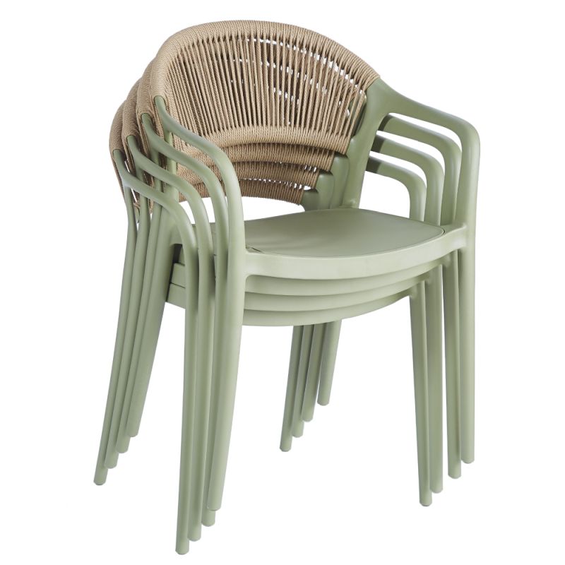 Stohovateľná stolička zelená, béžová s lanovým operadlom