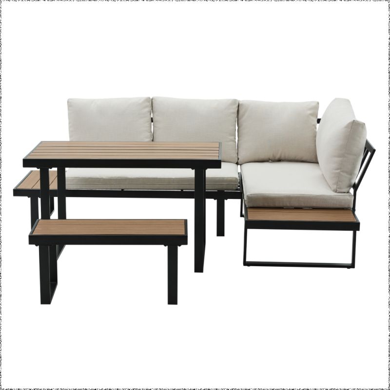 Záhradný set, čierny s krémovými vankúšmi a dubovým polywoodom