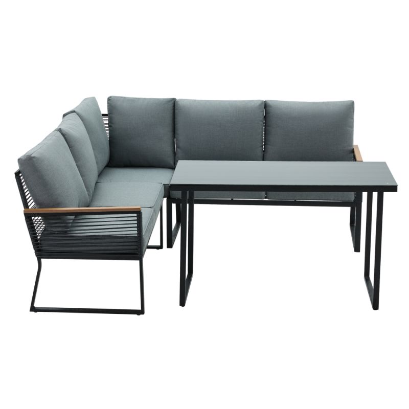 Záhradný set, čierny, sivý, s akáciovým drevom a skleneným stolom