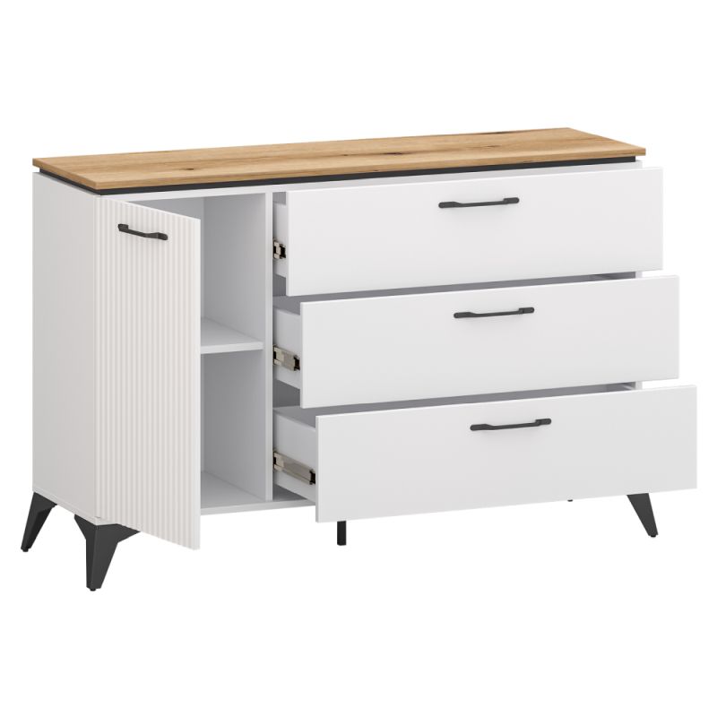 Komoda kombinovaná 1D3S, biela, dub evoke s ryhovanými dvierkami