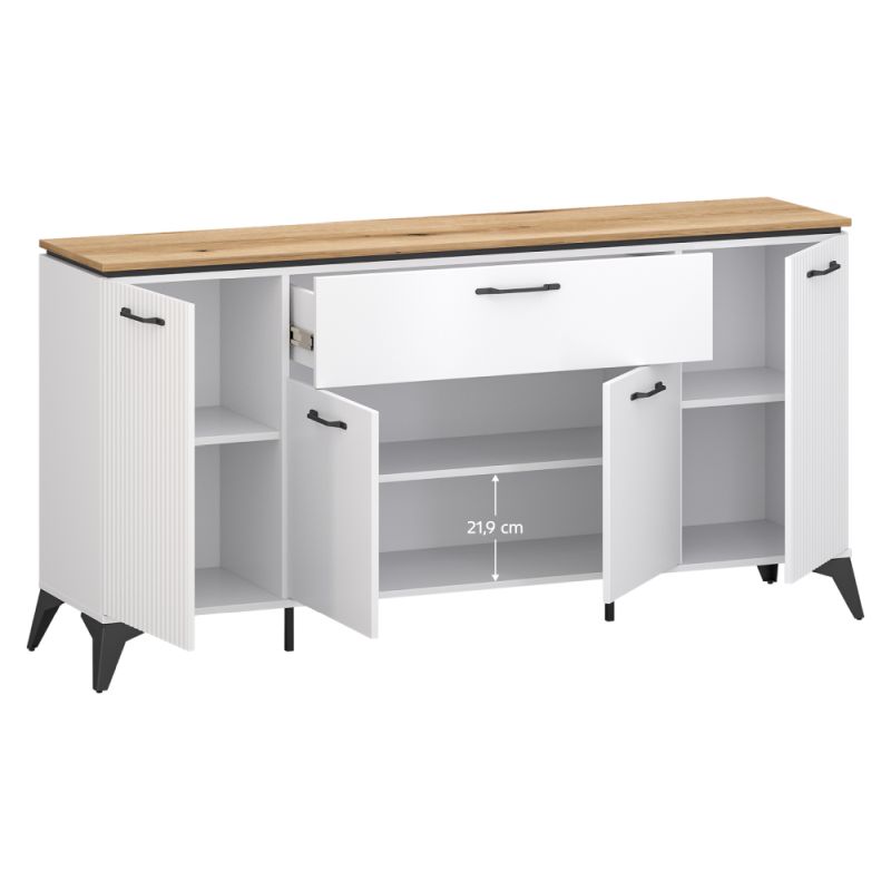 Komoda kombinovaná 4D1S biela, dub evoke s ryhovanými dvierkami