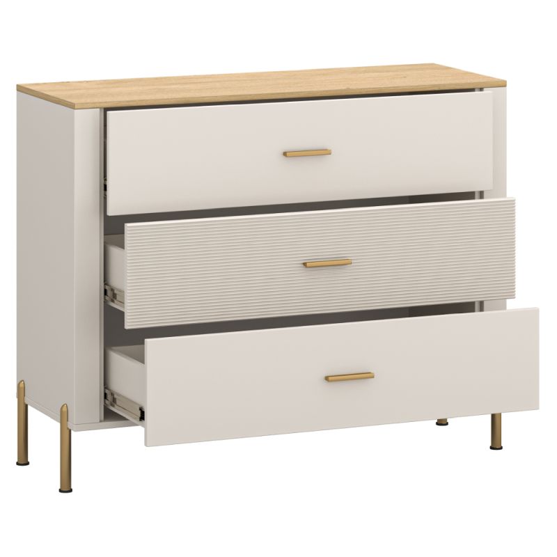 Komoda 3S, kašmír, dub kamenný, zlatá, 3-zásuvková