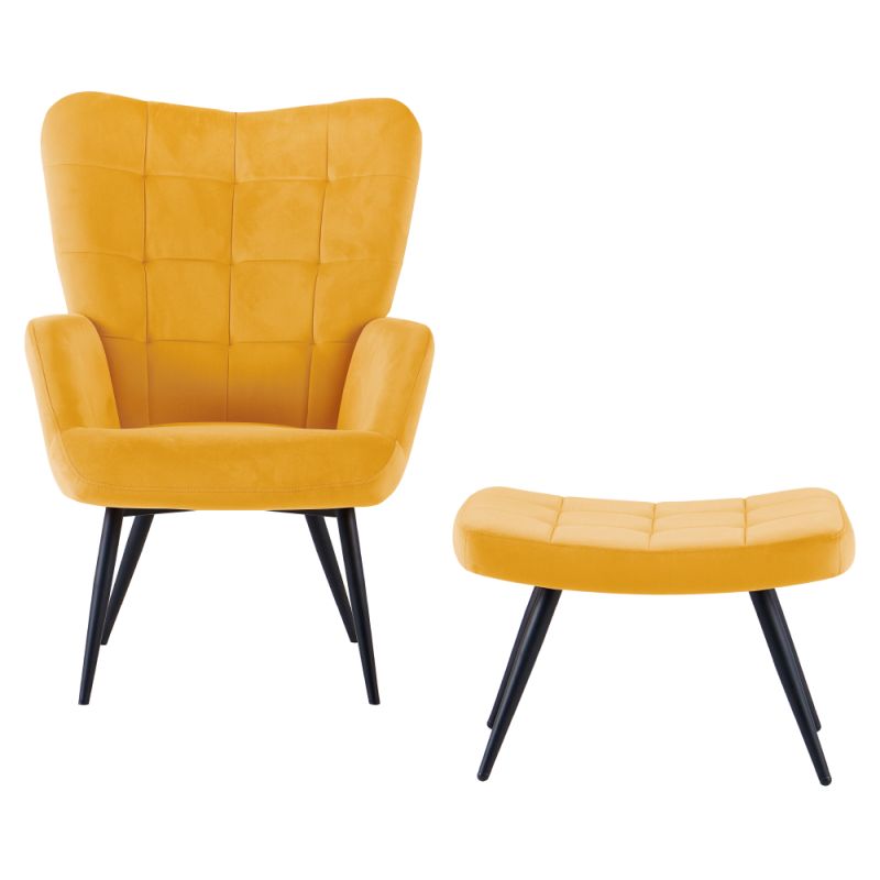 Kreslo s podnožou, žltá látka, čierne kovové nohy