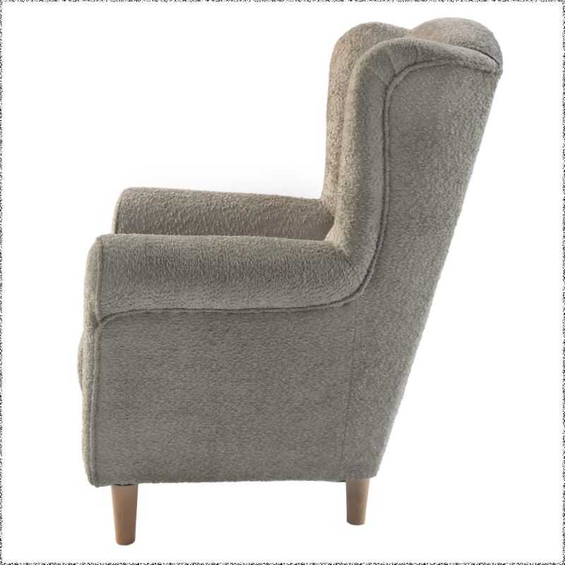 Dizajnové kreslo ušiak, sivobéžová Taupe Bouclé, drevené nohy