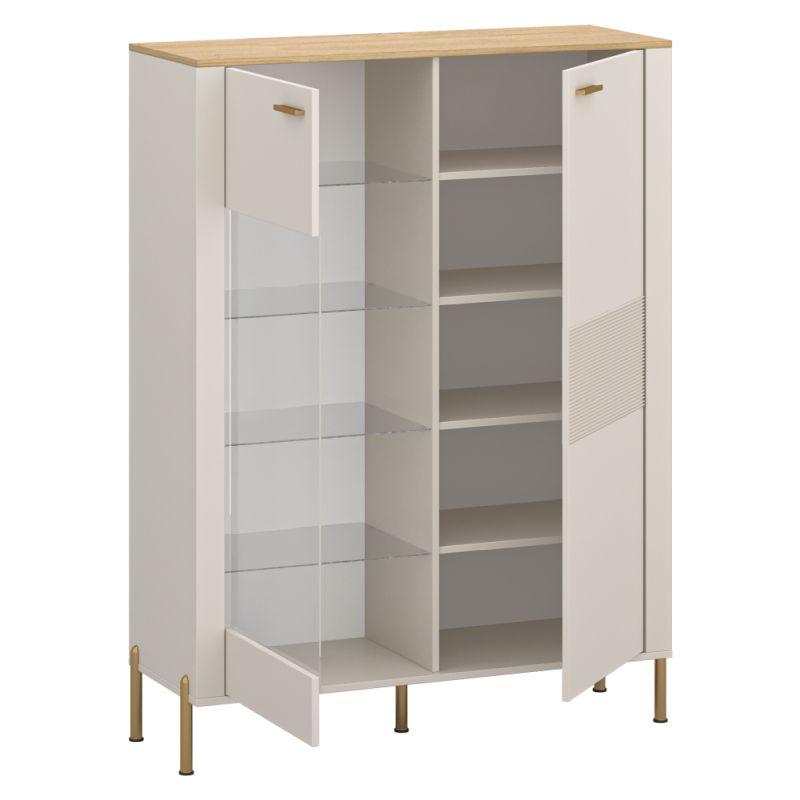 Elegantná nízka vitrína, 1D1W, kašmír, dub kamenný, zlatá