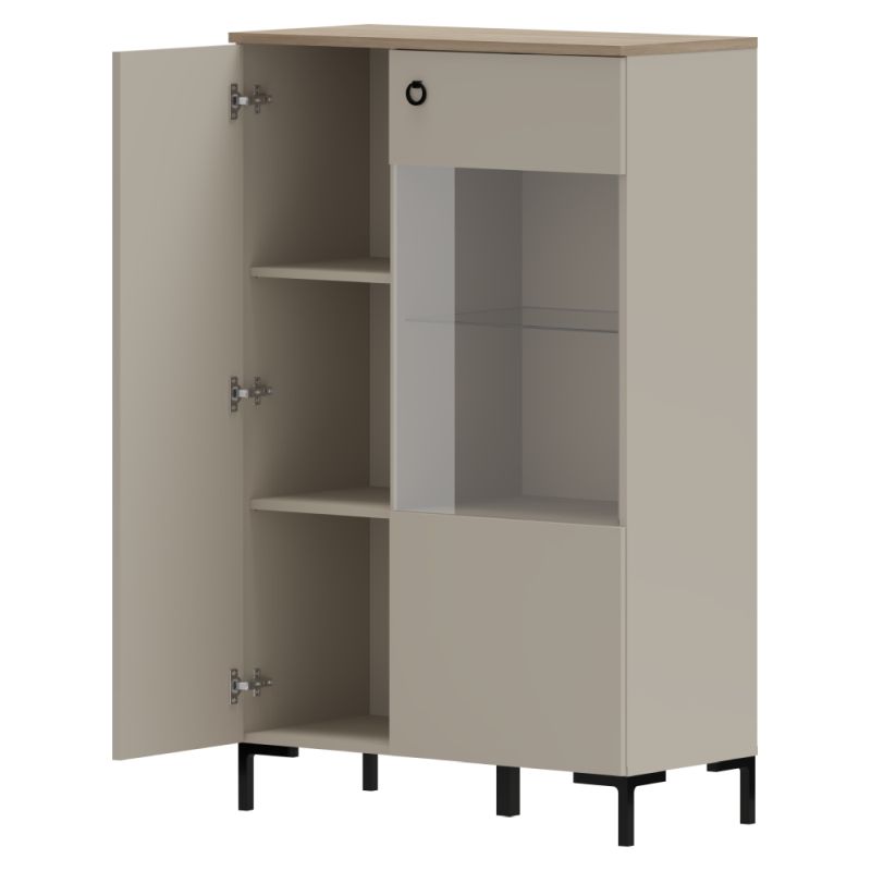 Dizajnová nízka vitrína, 1D1W, sivohnedá Taupe, dub silverjack