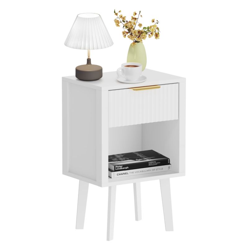 Moderný nočný stolík biely, so zásuvkou a poličkou