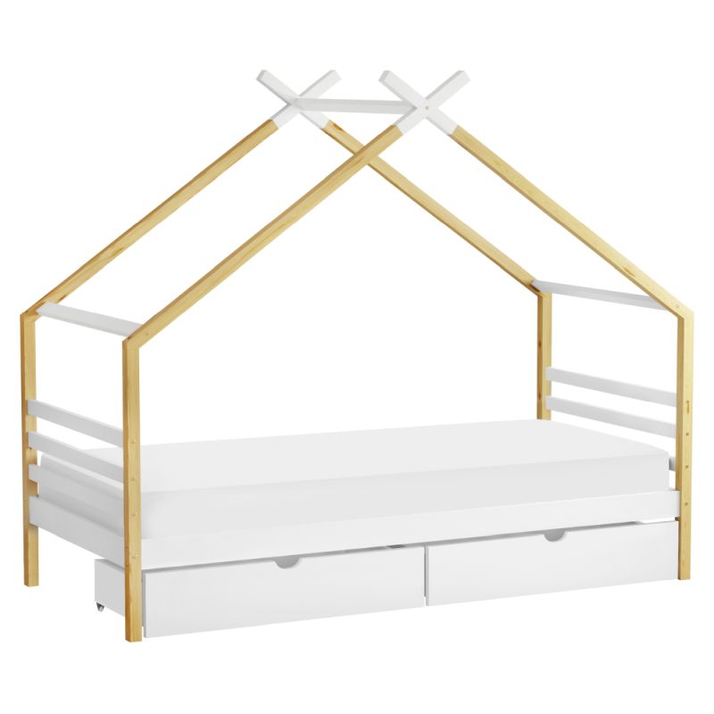 Montessori posteľ, 90x200, domček, biela, hnedá