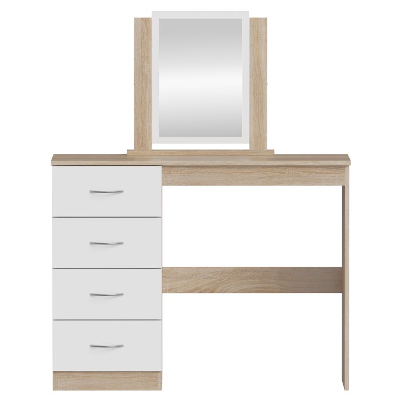 Toaletný stolík, biely, dub sonoma, so zrkadlom a zásuvkami