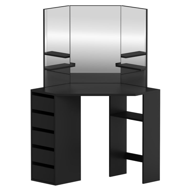Rohový toaletný stolík, čierny, trojdielne zrkadlo