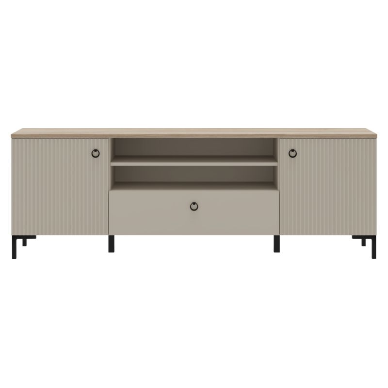 Dizajnový TV stolík 2D1S, sivohnedá Taupe, dub silverjack