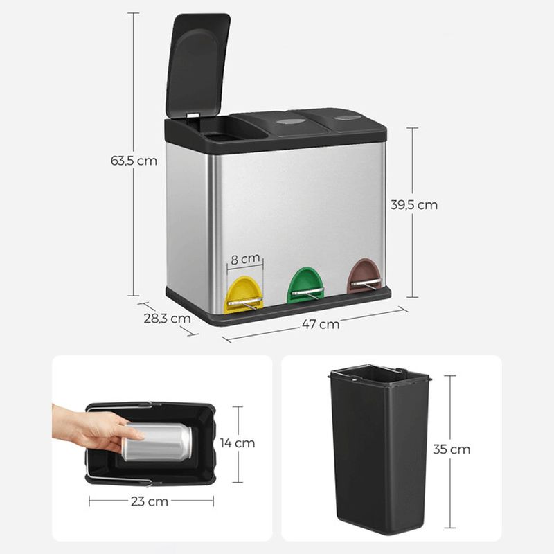 Odpadkový kôš, strieborný, s pedálmi, 3×8 l