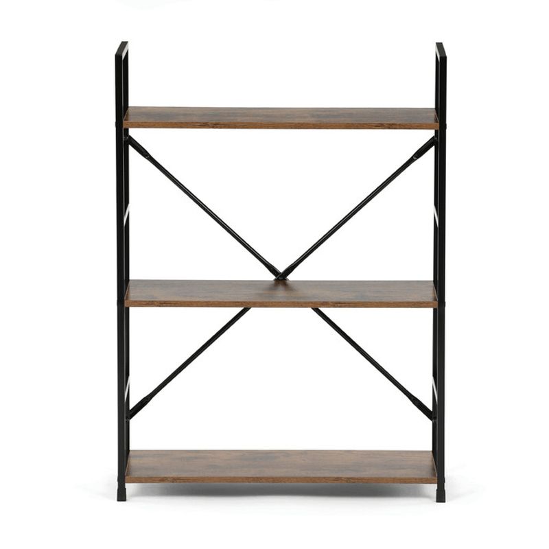 Regál, 3 police, dekor hnedý, čierny lak s výstuhou v tvare X