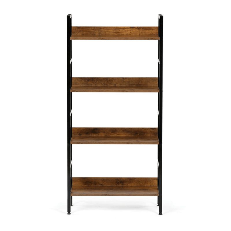 Regál kovový s MDF, 4 police, dekor hnedý, čierny lak