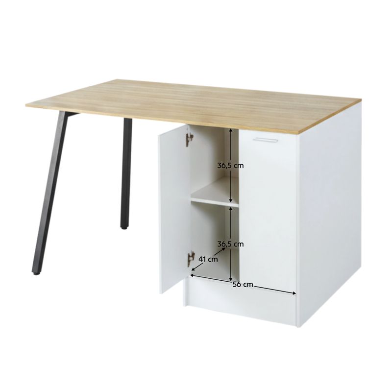 Kuchynský ostrovček, dub, biely, čierny, so zásuvkami a skrinkou