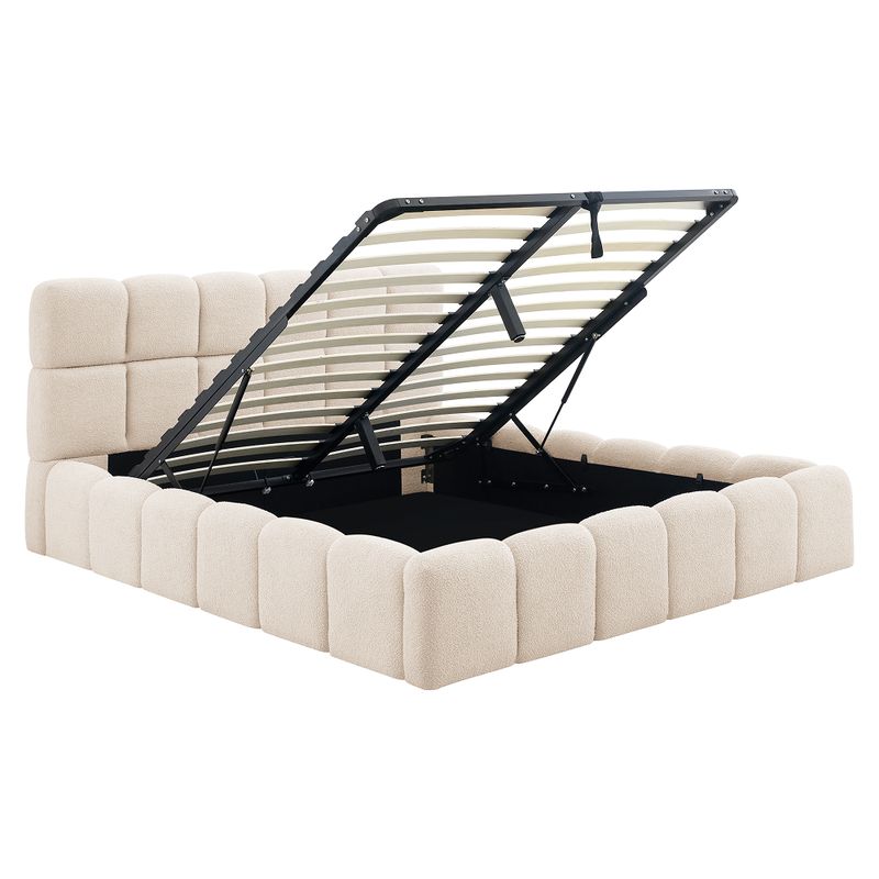 Manželská posteľ 160 s úložným priestorom, roštom a čalúneným čelom, béžová Bouclé látka