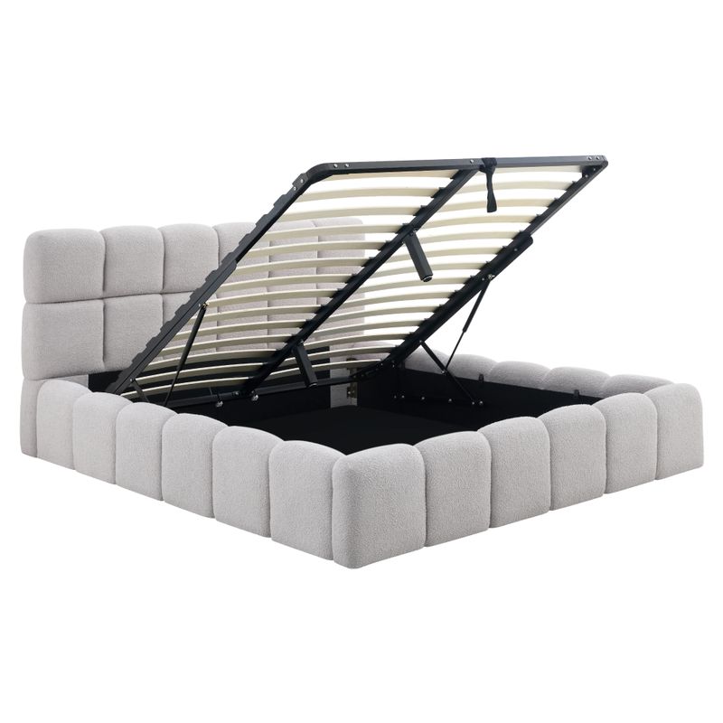 Manželská posteľ 160 s úložným priestorom, roštom a čalúneným čelom, sivá Bouclé látka