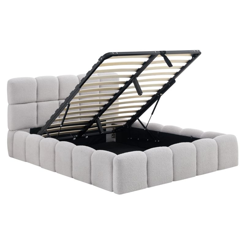 Posteľ 140 s roštom a úložným priestorom, sivá látka Bouclé