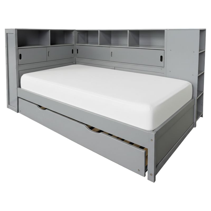 Posteľ 90x200 s prístelkou, regálom a úložným priestorom, sivá