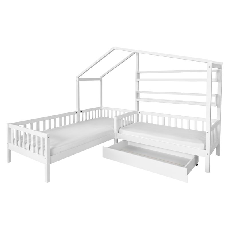 Montessori posteľ pre 2 deti 90x200 + 70x140 s roštom, biela