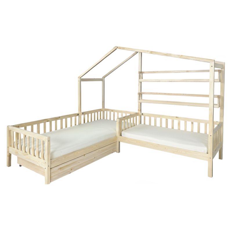 Montessori posteľ pre 2 deti 90x200 + 70x140 s roštom, prírodná