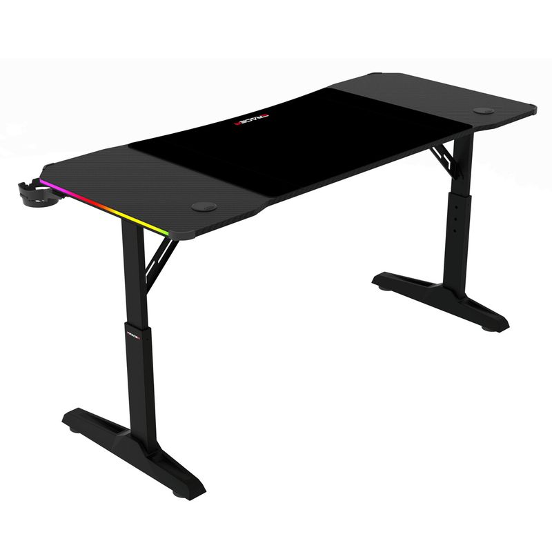 Herný stôl 140x60, RGB LED, nastaviteľná výška, čierny, s kovovou podnožou