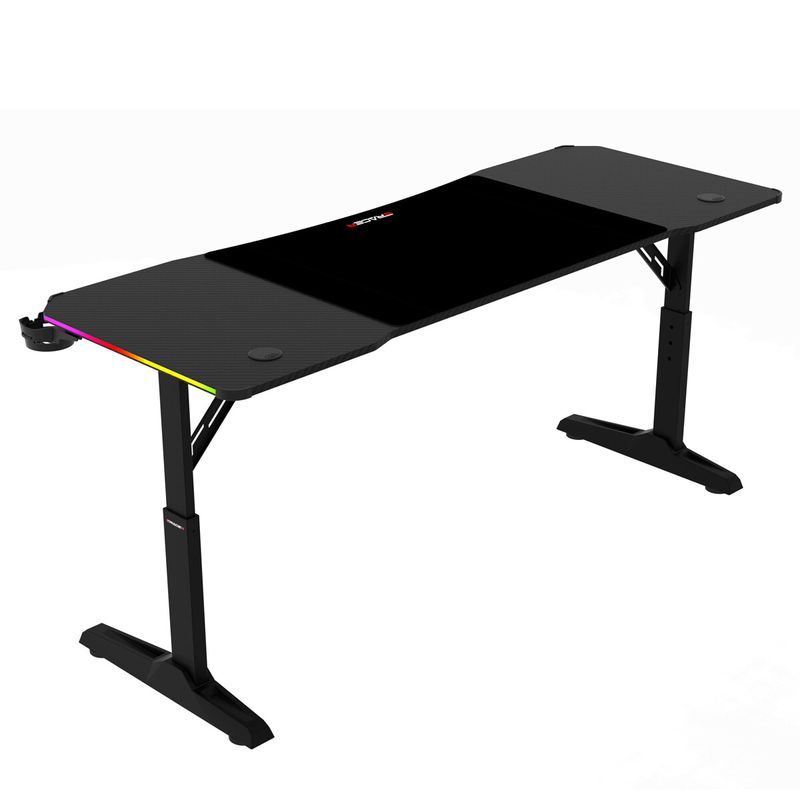 Herný stôl 160x60, RGB LED, nastaviteľná výška, čierny, s kovovou podnožou