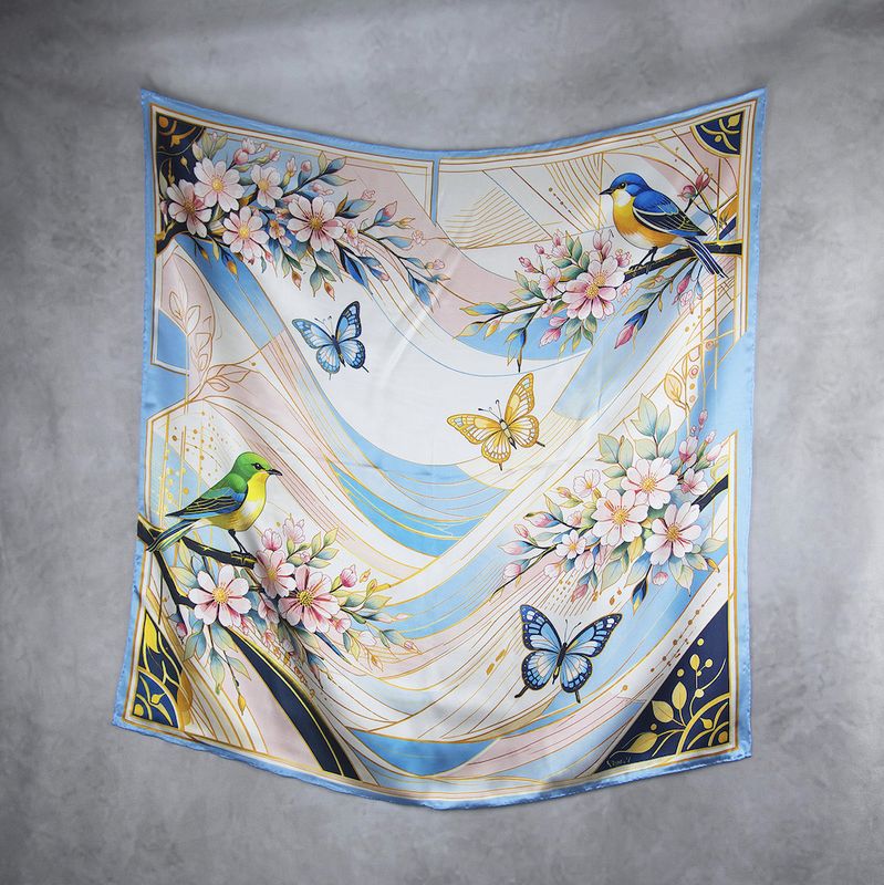 Hodvábna šatka JARNÁ ZÁHRADA – MODRÁ, 100 % prírodný hodváb, 90 × 90 cm