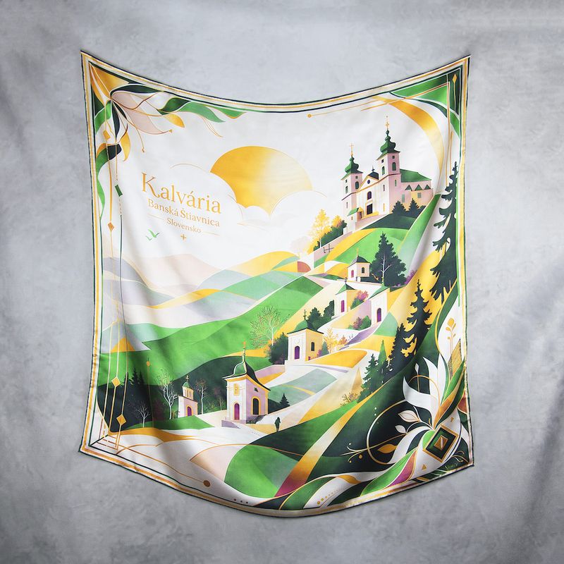 Luxusná hodvábna šatka KALVÁRIA – BANSKÁ ŠTIAVNICA, zelená, 90 × 90 cm