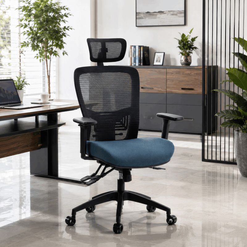 Ergonomická kancelárska stolička modrá, sieťované operadlo, 120 kg