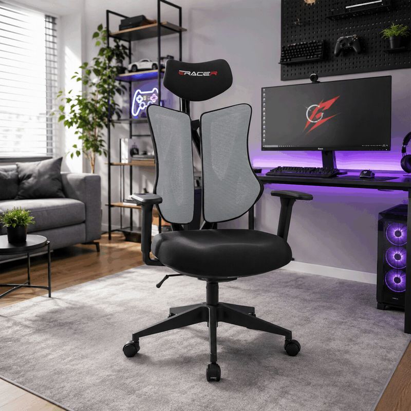 Ergonomická kancelárska stolička E-racer, sivá, sieťované operadlo, 120kg
