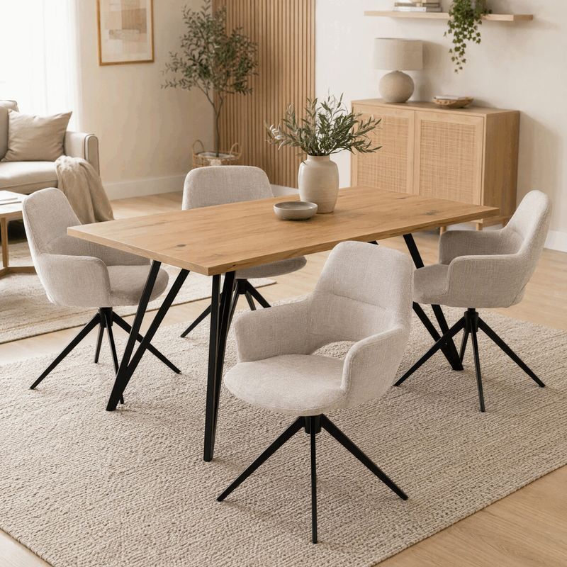 Jedálenský set so 4 stoličkami, 160x90cm, krémová látka, masív dub