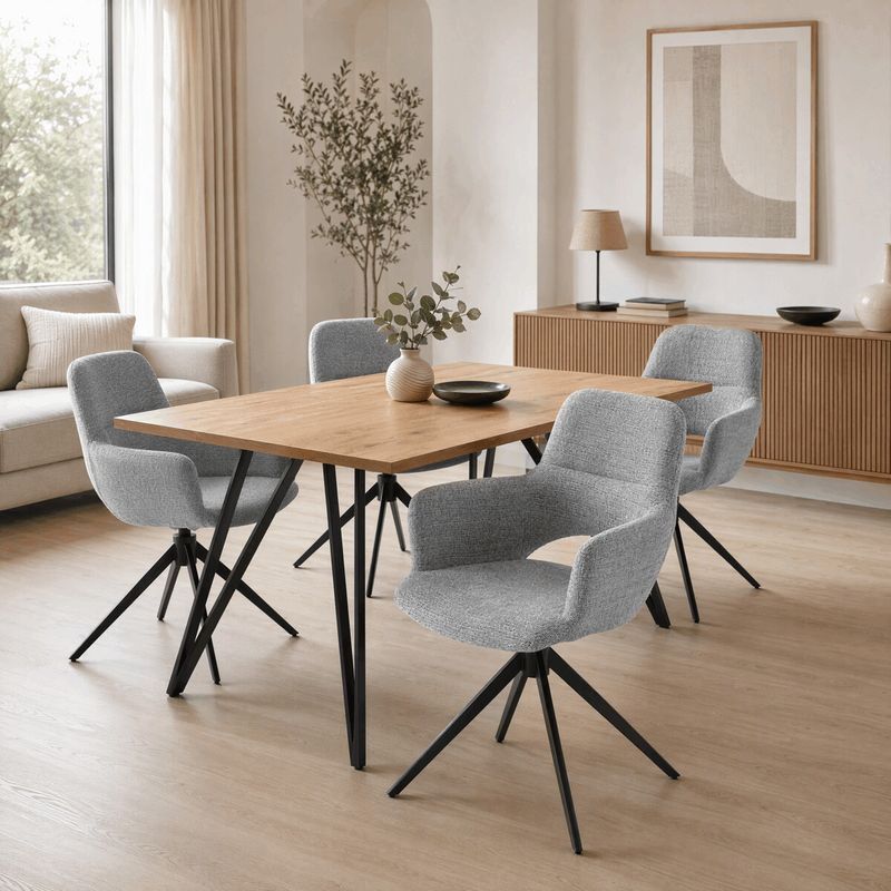 Jedálenský set so 4 stoličkami, 160x90cm, sivá látka, masív dub