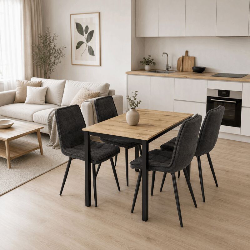 Jedálenský set so 4 stoličkami, 110x70cm, sivá látka, MDF divoký dub