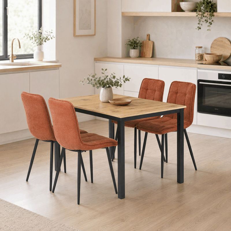 Jedálenský set so 4 stoličkami, 110x70cm, oranžová látka, MDF divoký dub
