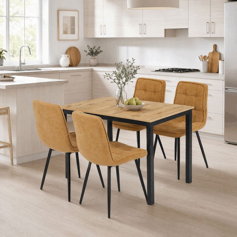 Jedálenský set so 4 stoličkami, 110x70cm, žltá látka, MDF divoký dub
