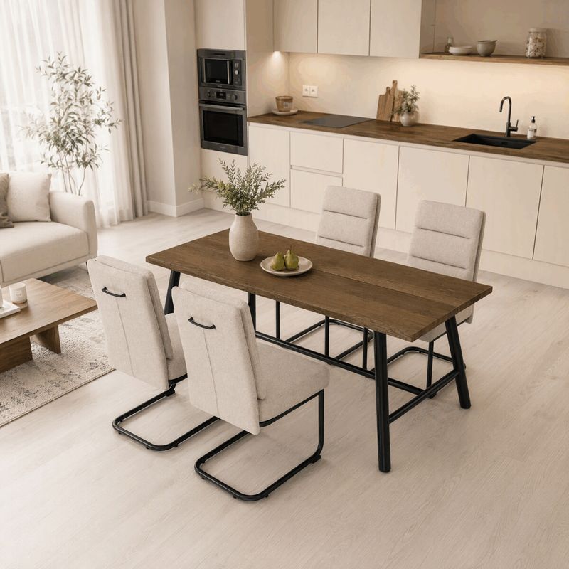 Jedálenský set so 4 stoličkami, 180x90cm, krémová látka, dýha orech